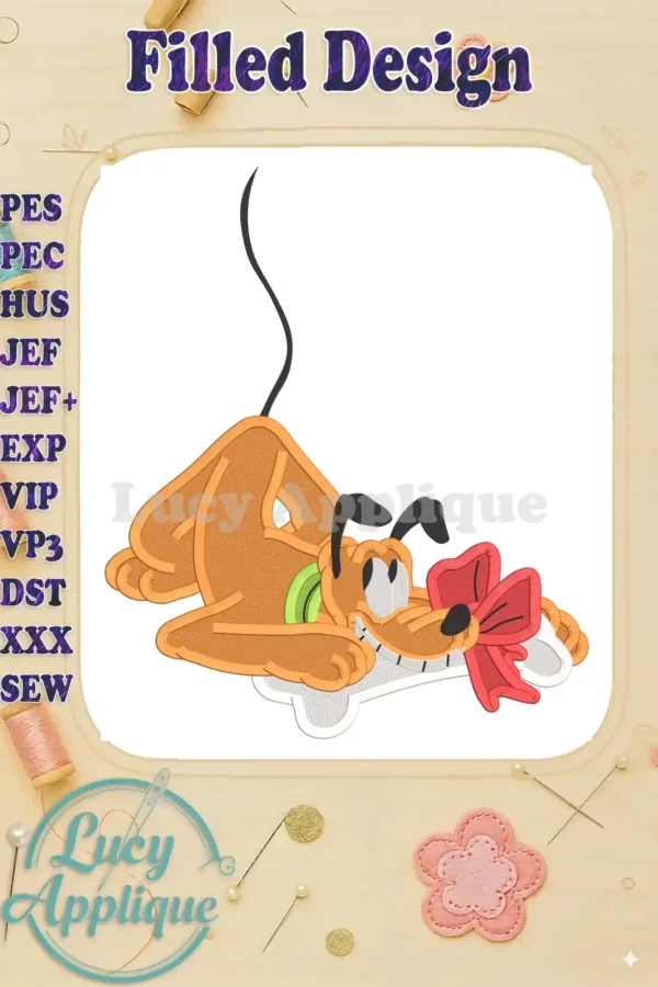 Adorable Pluto, Disney's pup, playfully holds a large red bow. A filled stitch embroidery design, perfect for Christmas projects. Detailed and festive.