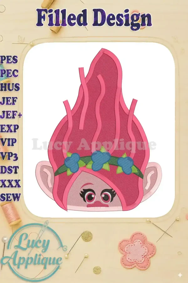 Embroidery design of Poppy, from Trolls, with vibrant pink hair and blue flower crown. Filled stitch style, ready to download and stitch.