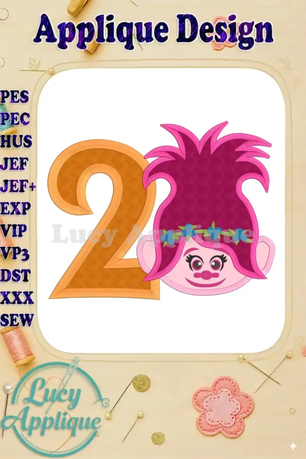 Poppy Trolls 2nd birthday applique design. The main image shows a number 2 with Poppy's face, ready for machine embroidery. Perfect for a birthday celebration, this design is colorful and fun.