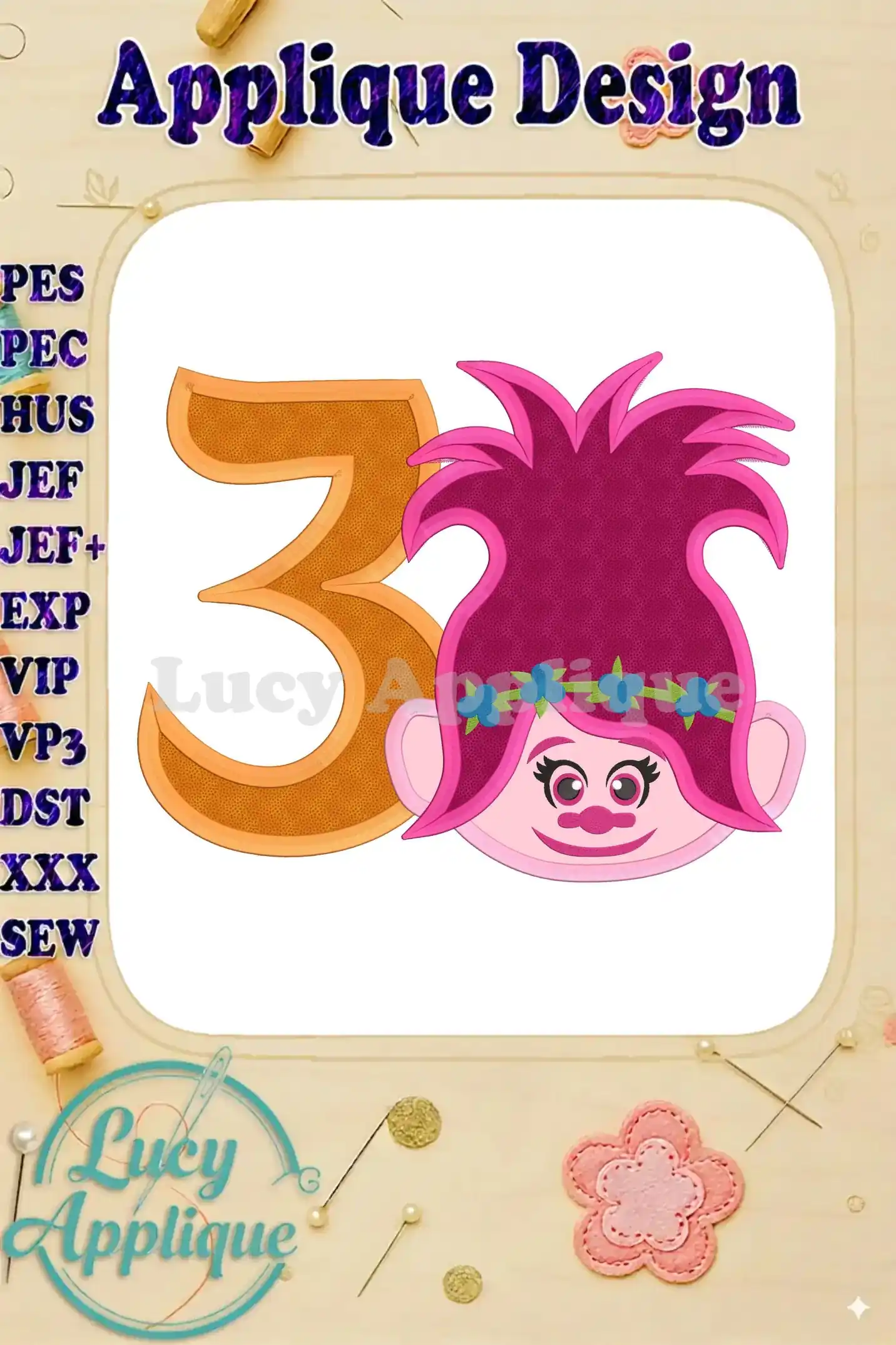 A charming machine applique design featuring Poppy Troll from Trolls, celebrating a 3rd birthday. The design includes the number 3 and Poppy's face, ideal for embroidery projects.