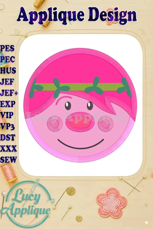 Embroidery design of Poppy Troll, featuring a pink face, green headband, and simple features. The design is shown on a white background with a design worksheet, suitable for machine embroidery.