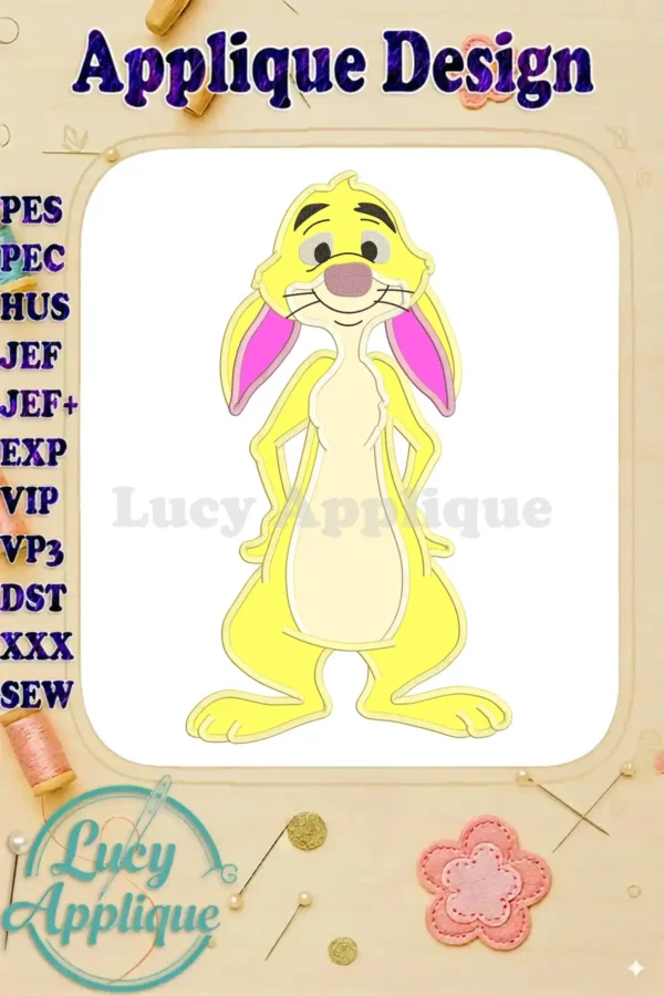 Embroidery design of Rabbit from Winnie the Pooh. Applique style, yellow and pink. Various file formats included for different machines.