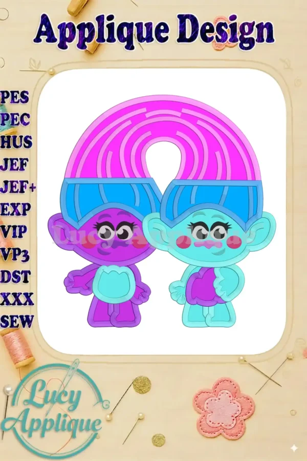 Two Trolls under a rainbow applique design, in pink, purple, and blue, ready to be stitched. The design includes satin and chenille stitch types, and is shown on a worksheet.