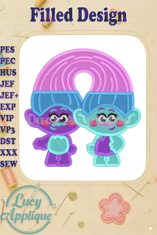 Main image showcasing a completed machine embroidery design featuring two adorable Trolls under a rainbow, stitched with satin and chenille stitches.