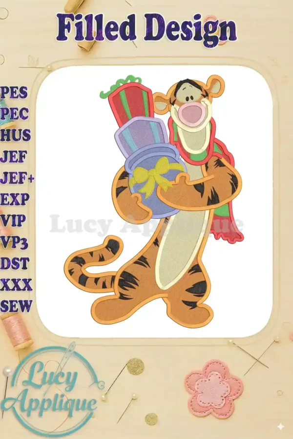 Tigger, from Winnie the Pooh, joyfully holds Christmas presents. This filled embroidery design is shown in a digital preview, ready to stitch.