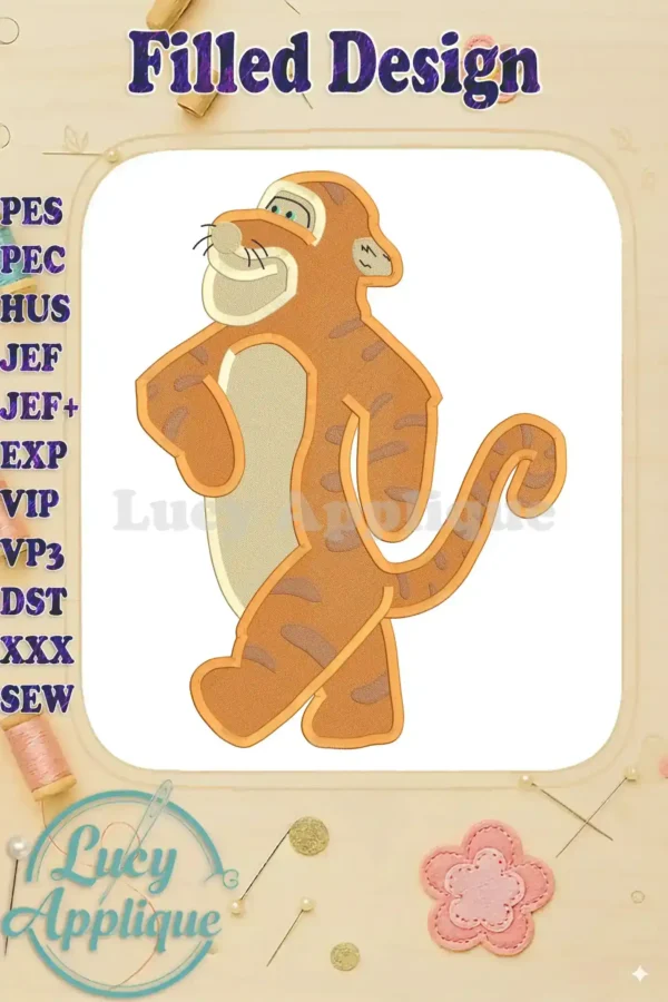Embroidery design of Tigger from Winnie-the-Pooh, standing upright with a confident pose. The design is filled, showcasing detailed stitching and vibrant orange and brown hues.