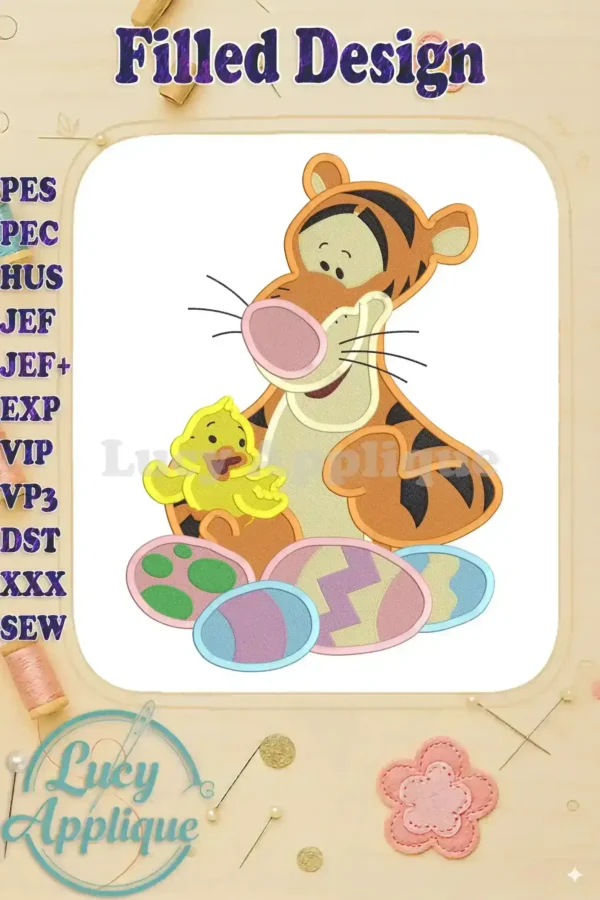 Embroidery design of Tigger from Winnie the Pooh with a chick and Easter eggs. Colorful, filled design, perfect for spring projects. High-quality, detailed stitching.