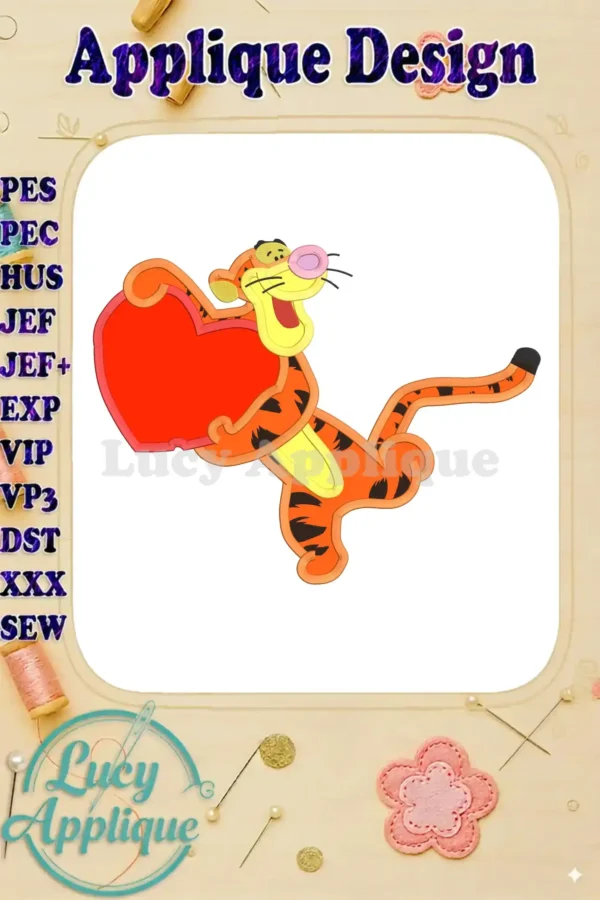 Tigger from Winnie the Pooh holding a heart, ready to be stitched as an applique. The design is shown on a white background with embroidery file format information listed.