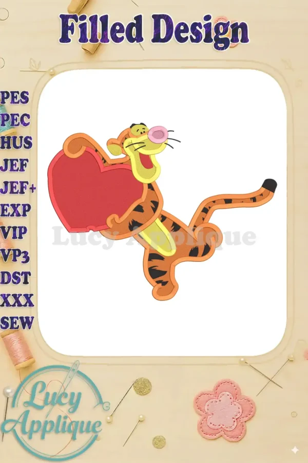 Tigger, from Winnie the Pooh, joyfully holds a large red heart. This filled embroidery design is shown in a white hoop, ready to be stitched.