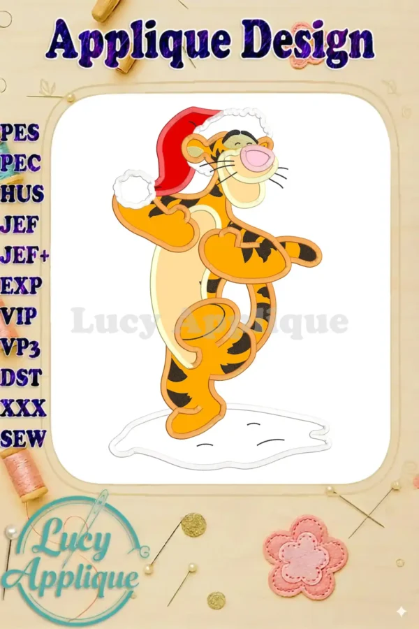 Embroidery design of Tigger from Winnie the Pooh wearing a Santa hat and playing in the snow. Applique style design in PES, PEC, HUS, JEF, JEF