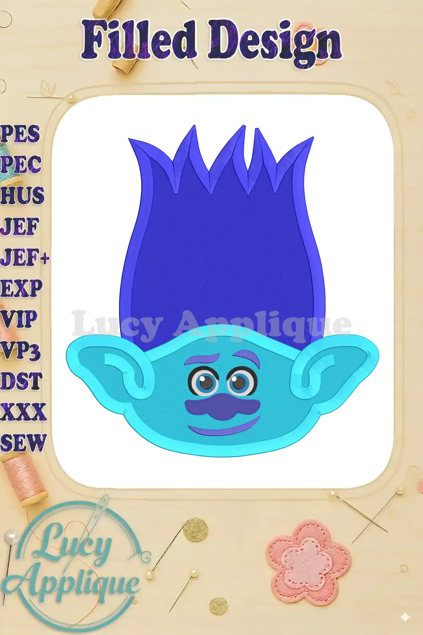 Embroidery design of Trolls character Branch. Blue hair, light blue skin, and a friendly expression. Filled stitch style, suitable for various embroidery machines.