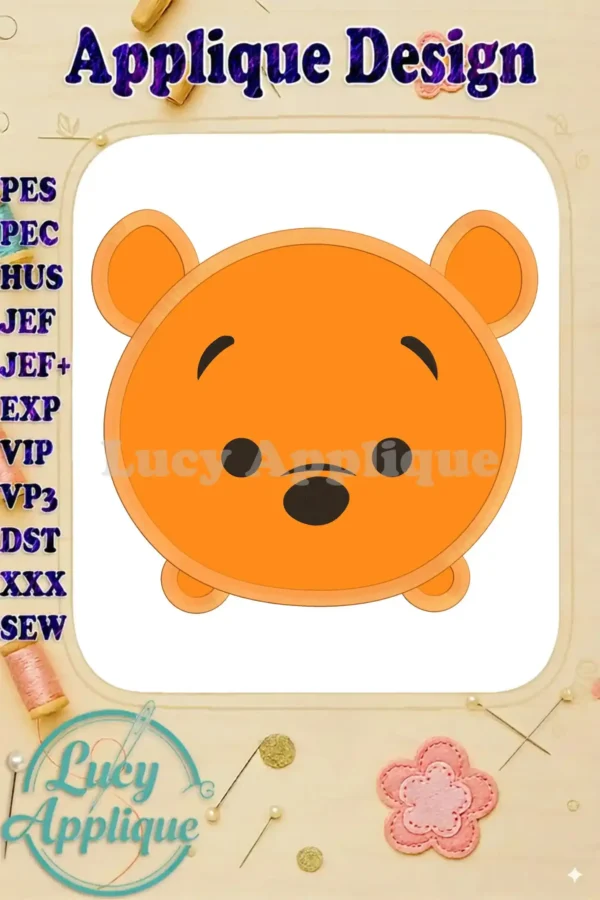 Main image showcasing a charming Winnie the Pooh Tsum Tsum applique embroidery design, ready to be stitched. The design is presented on a white background with a simple frame.