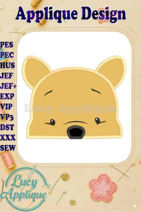 Embroidery design of Winnie the Pooh's face as an applique. The design is shown on a white background with various file format options listed.