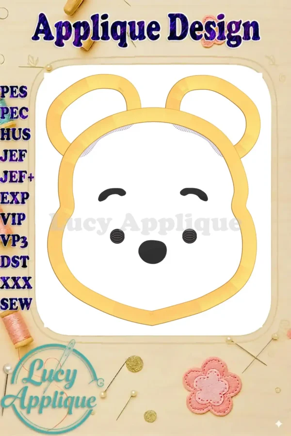 A charming Winnie the Pooh applique embroidery design in gold, ready to be stitched. The design includes a simple yet adorable illustration of Winnie the Pooh's face.