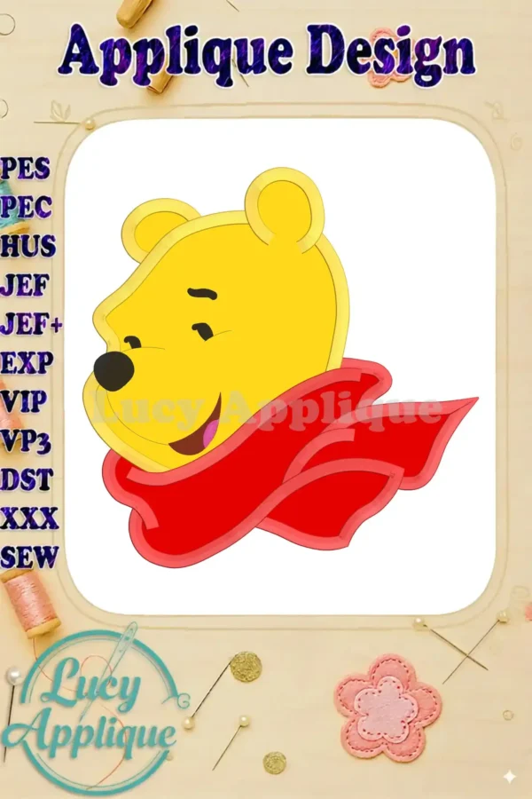 Winnie the Pooh applique embroidery design. Features Winnie wearing a red scarf. Includes various file formats for different embroidery machines. Instant download.