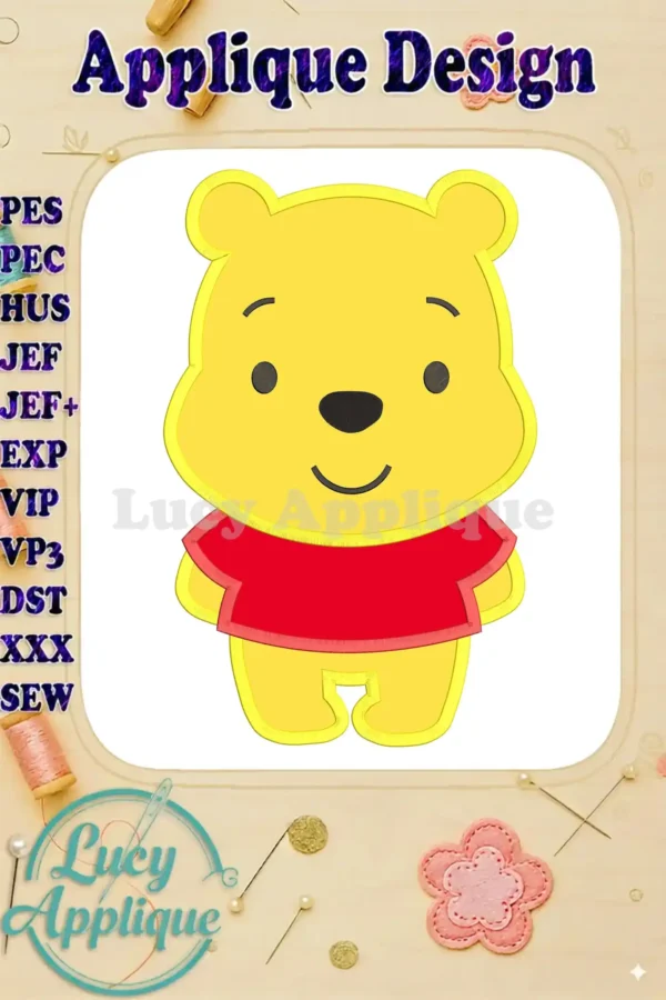 Adorable applique design of Winnie the Pooh, showcasing a cute cartoon-style Pooh bear in a red shirt. Various embroidery formats are listed.