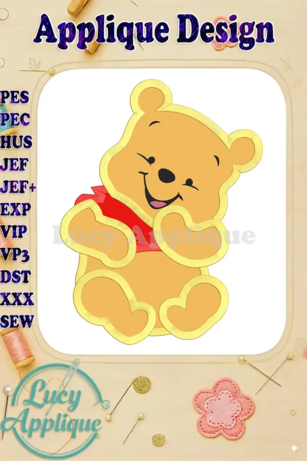Adorable Winnie the Pooh applique embroidery design in PES, PEC, HUS, JEF, JEF