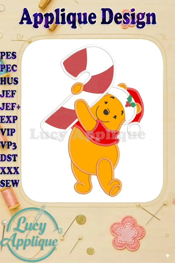 Embroidery design of Winnie the Pooh in a Santa hat, carrying a candy cane. Applique design in PES, HUS, JEF, JEF