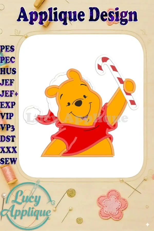 Embroidery design of Winnie the Pooh in a red shirt holding a candy cane, ready for Christmas. Applique design in various formats.