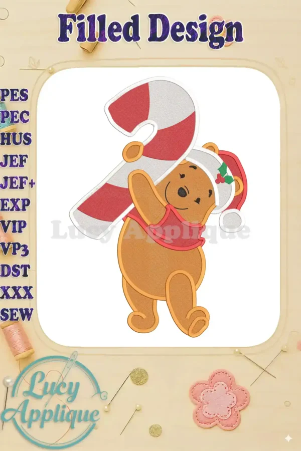 Embroidery design of Winnie the Pooh holding a candy cane, wearing a Santa hat. A filled design, perfect for Christmas projects. High-quality image showcases the intricate details of the design.