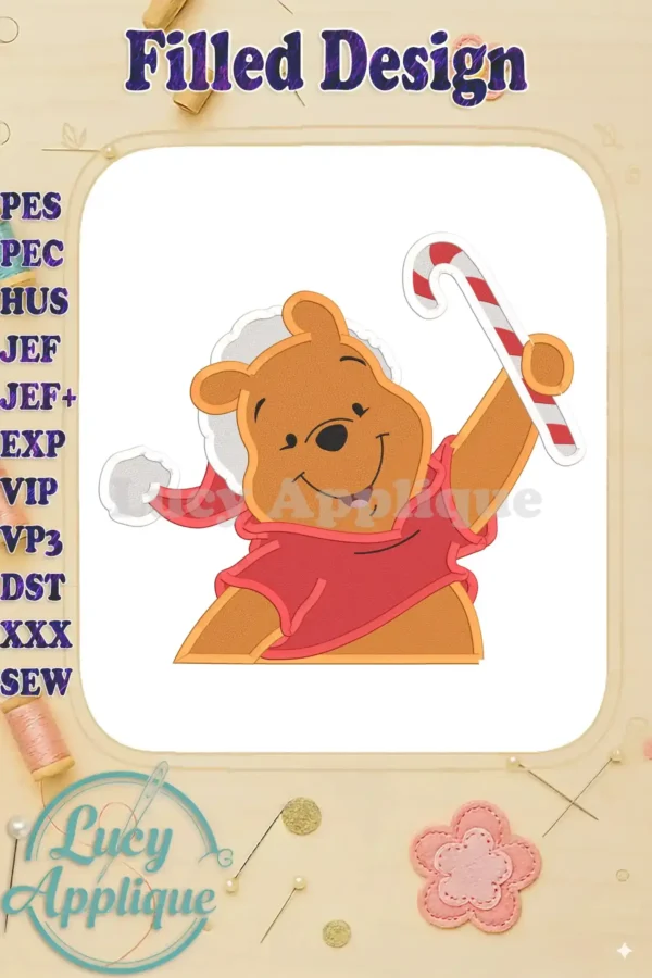 Embroidery design featuring Winnie the Pooh in a Santa hat, holding a candy cane. The design is filled and perfect for Christmas projects. It's shown on a light beige background with decorative elements.