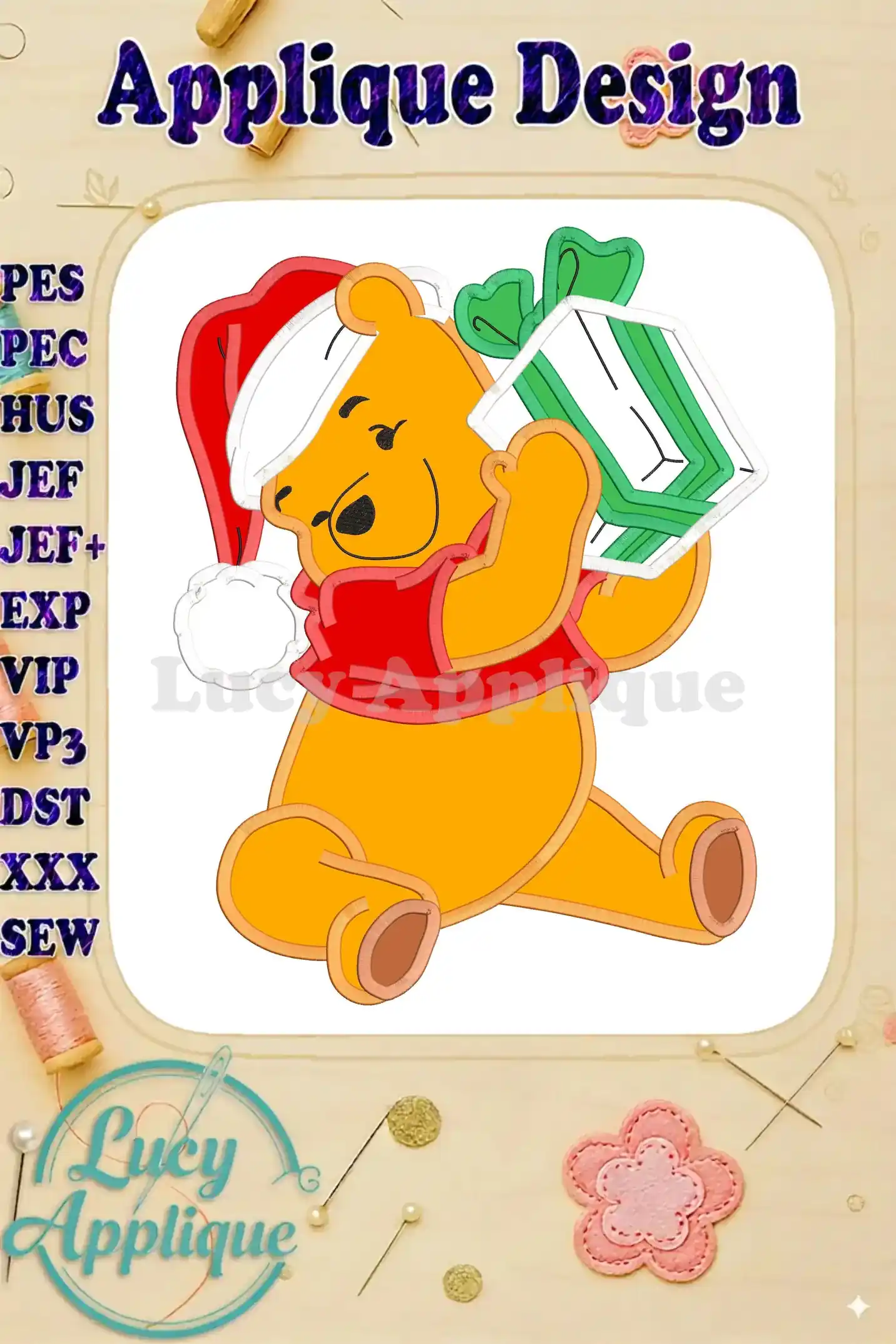 Embroidery design featuring Winnie the Pooh in a Santa hat, holding a Christmas present. Applique design, various formats included.