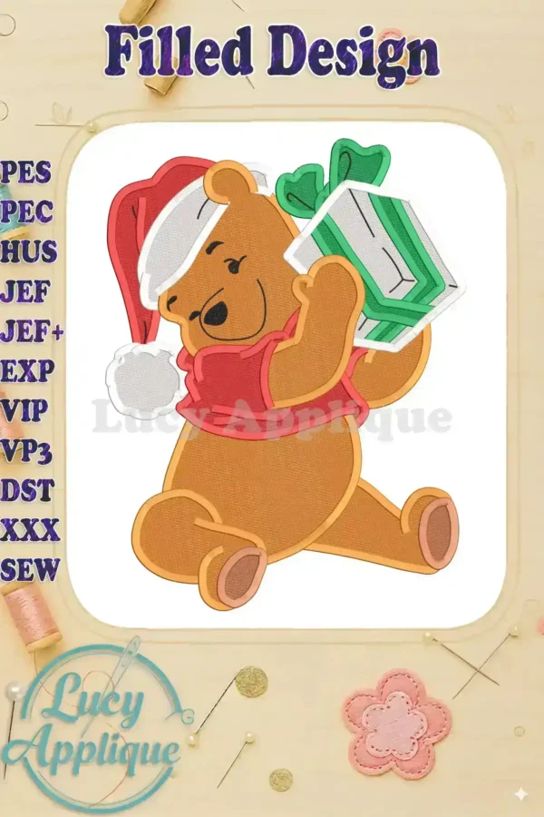 Embroidery design of Winnie the Pooh in a Santa hat, holding a Christmas present. Filled stitch design in multiple formats. Perfect for Christmas projects.
