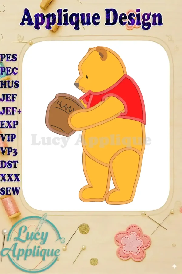 Winnie the Pooh applique embroidery design, showing Pooh holding a honey pot. The design is in yellow and red, with easy-to-follow instructions.