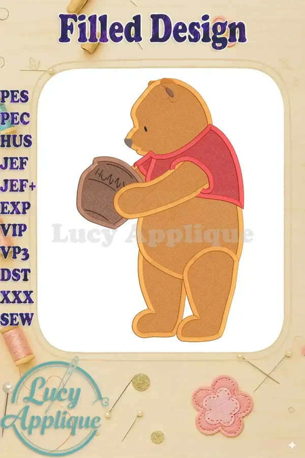 Winnie the Pooh and Christopher Robin filled embroidery design; Pooh holds a honey pot. Perfect for applique projects and features a detailed, filled stitch style.