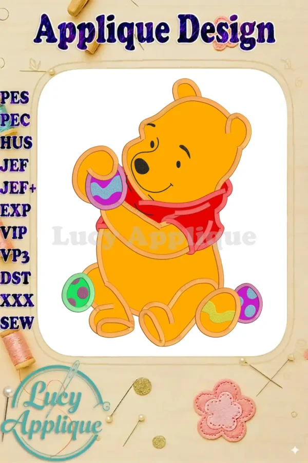 Embroidery design of Winnie the Pooh holding Easter eggs, in shades of yellow, red, and purple. Applique design with various stitch types.