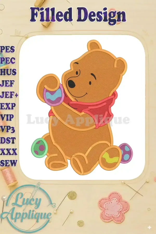 Embroidery design of Winnie the Pooh with Easter eggs. A filled stitch design, perfect for Easter projects. Includes multiple file formats for various embroidery machines.