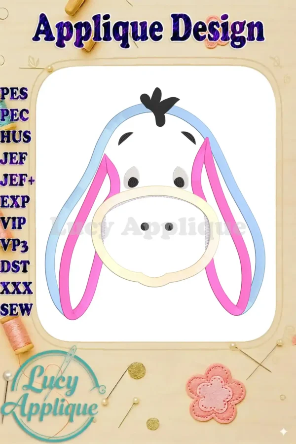 Eeyore's sweet face in an applique embroidery design, ready to be stitched. The design is shown in pastel colors, with pink and blue accents. This image shows the main design.