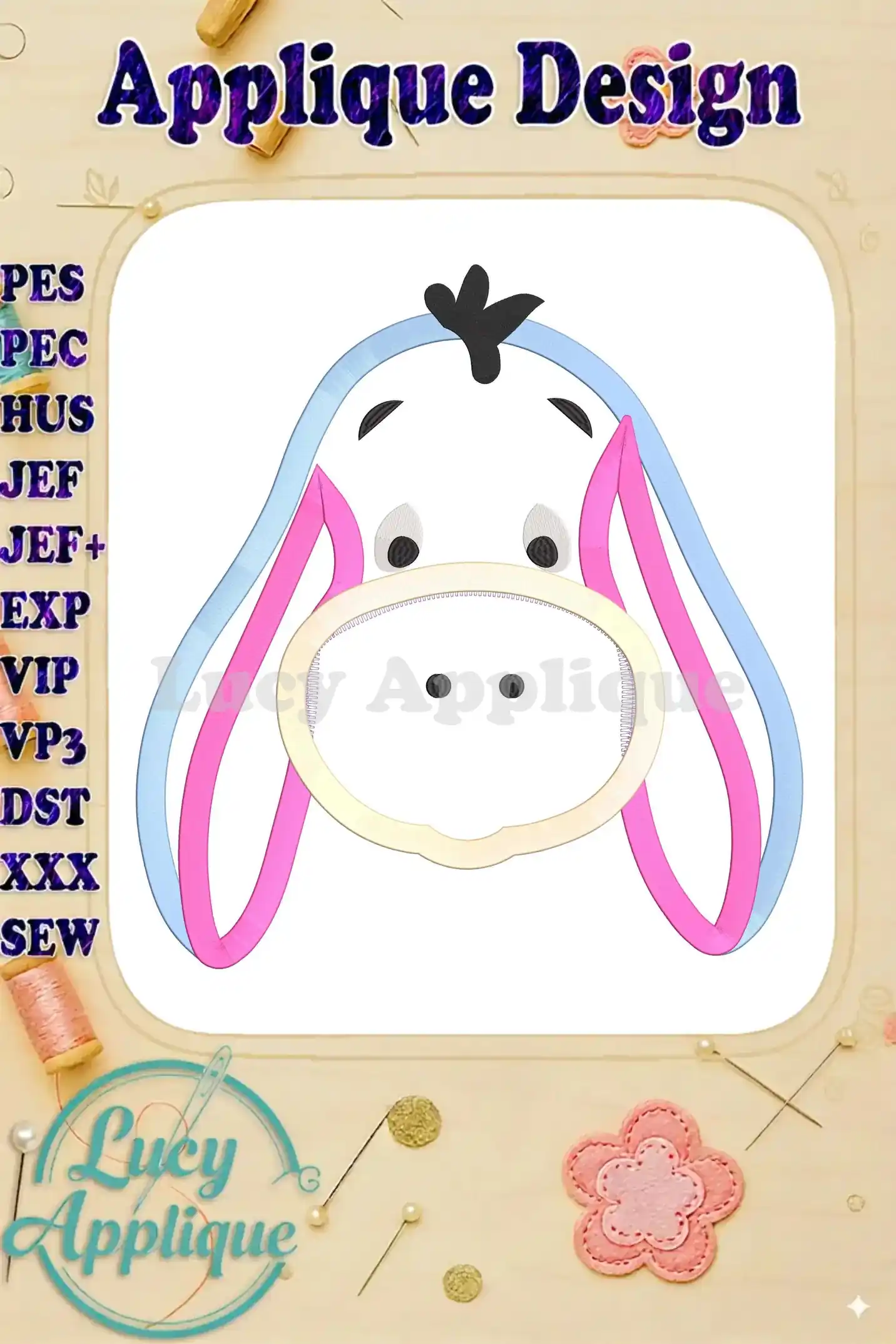 Eeyore's sweet face in an applique embroidery design, ready to be stitched. The design is shown in pastel colors, with pink and blue accents. This image shows the main design.