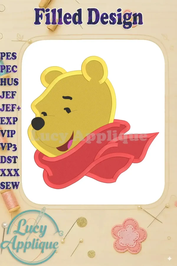 Embroidery design of Winnie the Pooh wearing a red scarf, filled stitch style. High-quality design in multiple formats for various embroidery machines.