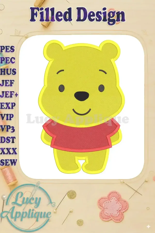 Embroidery design of Winnie the Pooh, a filled design in yellow and red, displayed on a white background. Includes various file formats.