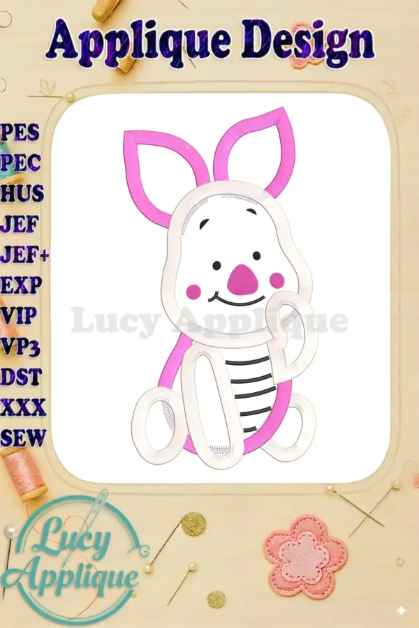 Adorable applique embroidery design of Piglet from Winnie the Pooh, sitting and smiling. Perfect for sewing projects! The design is in pink and white.