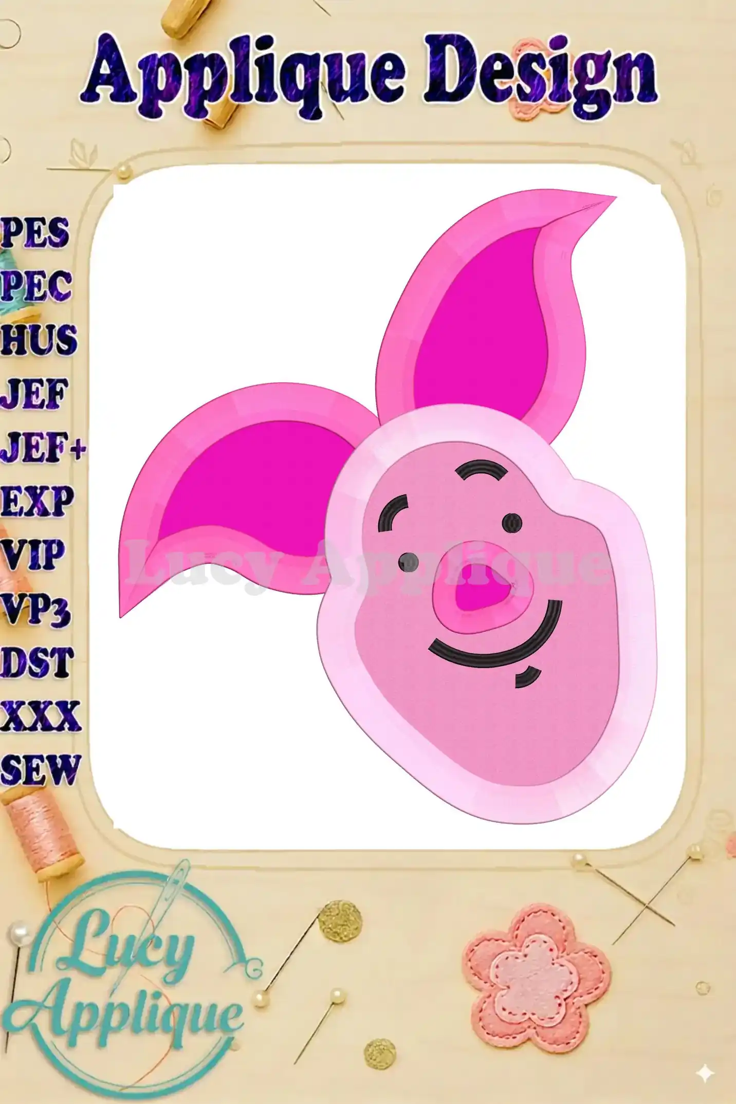 Embroidery design of Piglet from Winnie the Pooh, shown as a pink applique. The design includes various file formats and is ready to stitch.