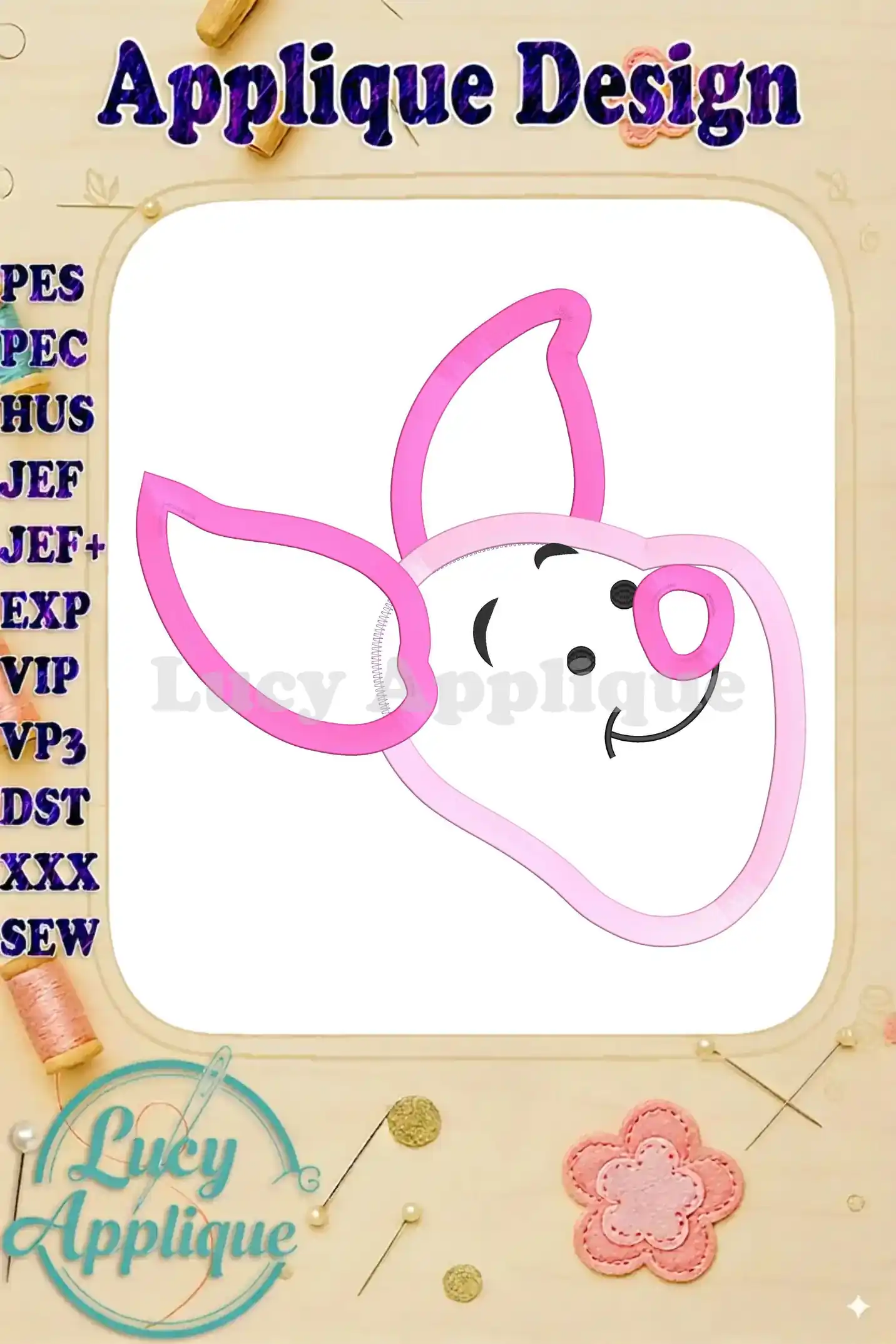 Adorable applique embroidery design of Piglet from Winnie the Pooh, shown in pink and white, ready to be stitched. Includes various file formats for different embroidery machines.