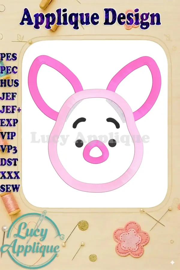 Adorable Piglet applique embroidery design in pink and white, showcasing the finished product. Perfect for adding a touch of whimsy to your sewing projects!