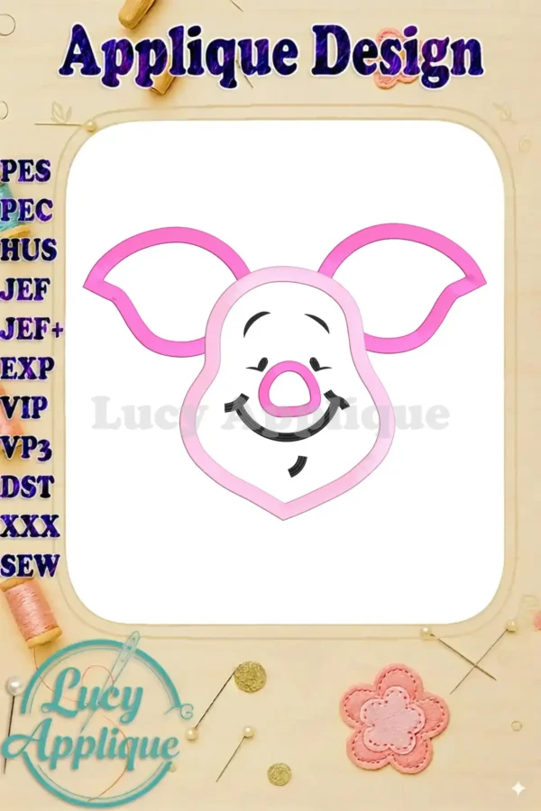 Piglet's charming face, rendered in pink and black, ready for applique embroidery. The design is presented on a white background, with various file formats listed.