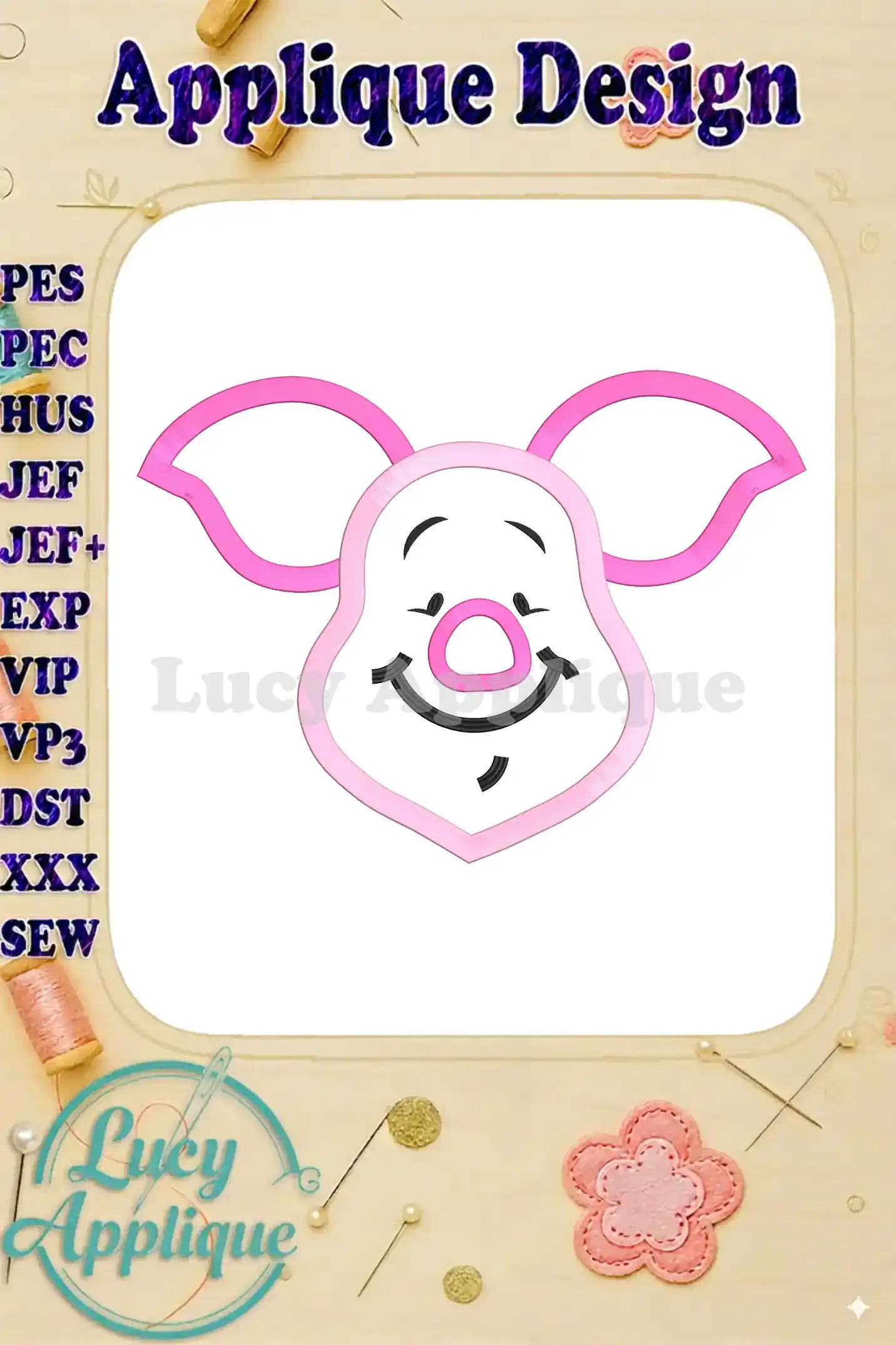 Piglet's charming face, rendered in pink and black, ready for applique embroidery. The design is presented on a white background, with various file formats listed.