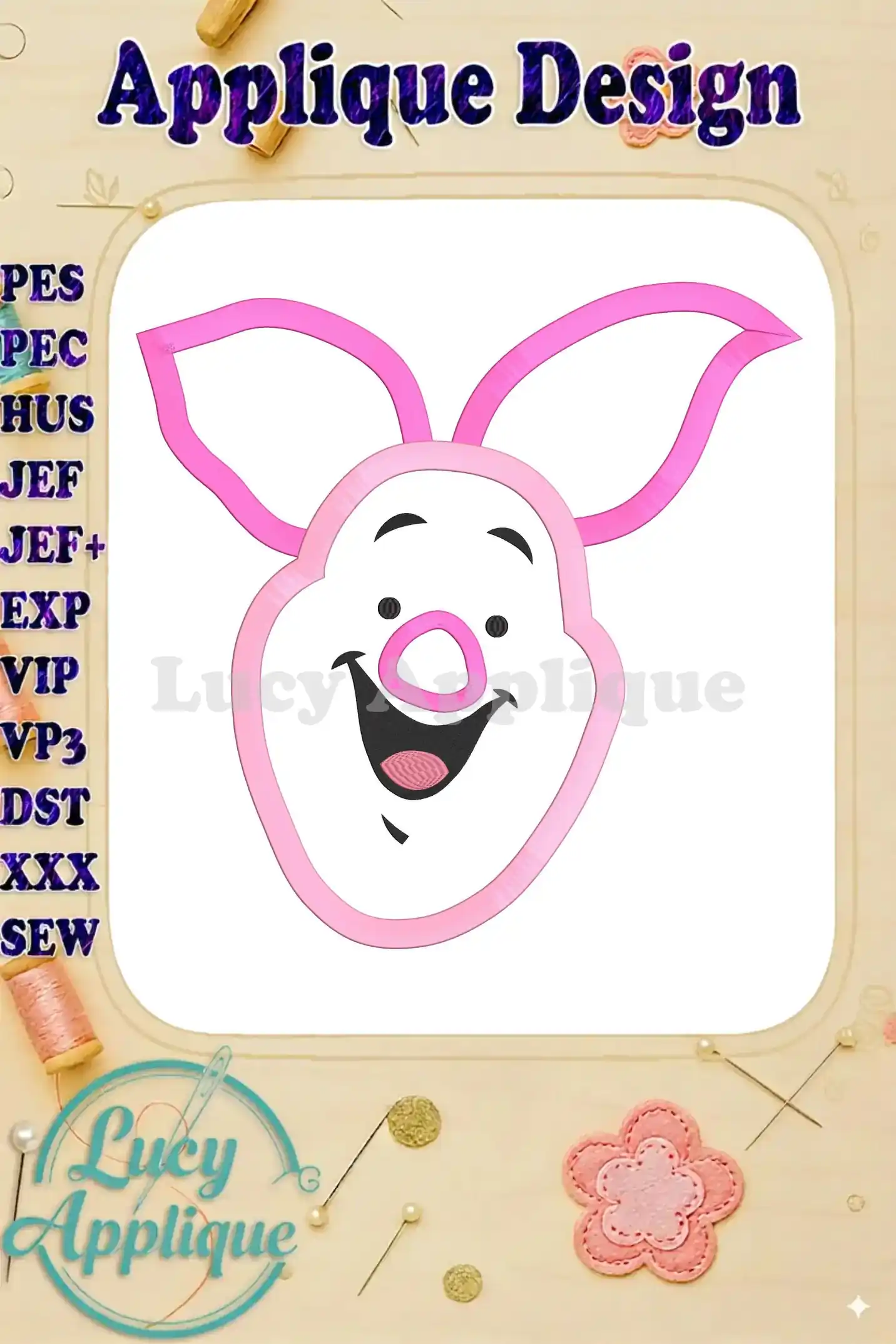 Embroidery design of Piglet from Winnie the Pooh, shown as a pink applique with defined outlines. The design is presented on a white background with decorative elements.