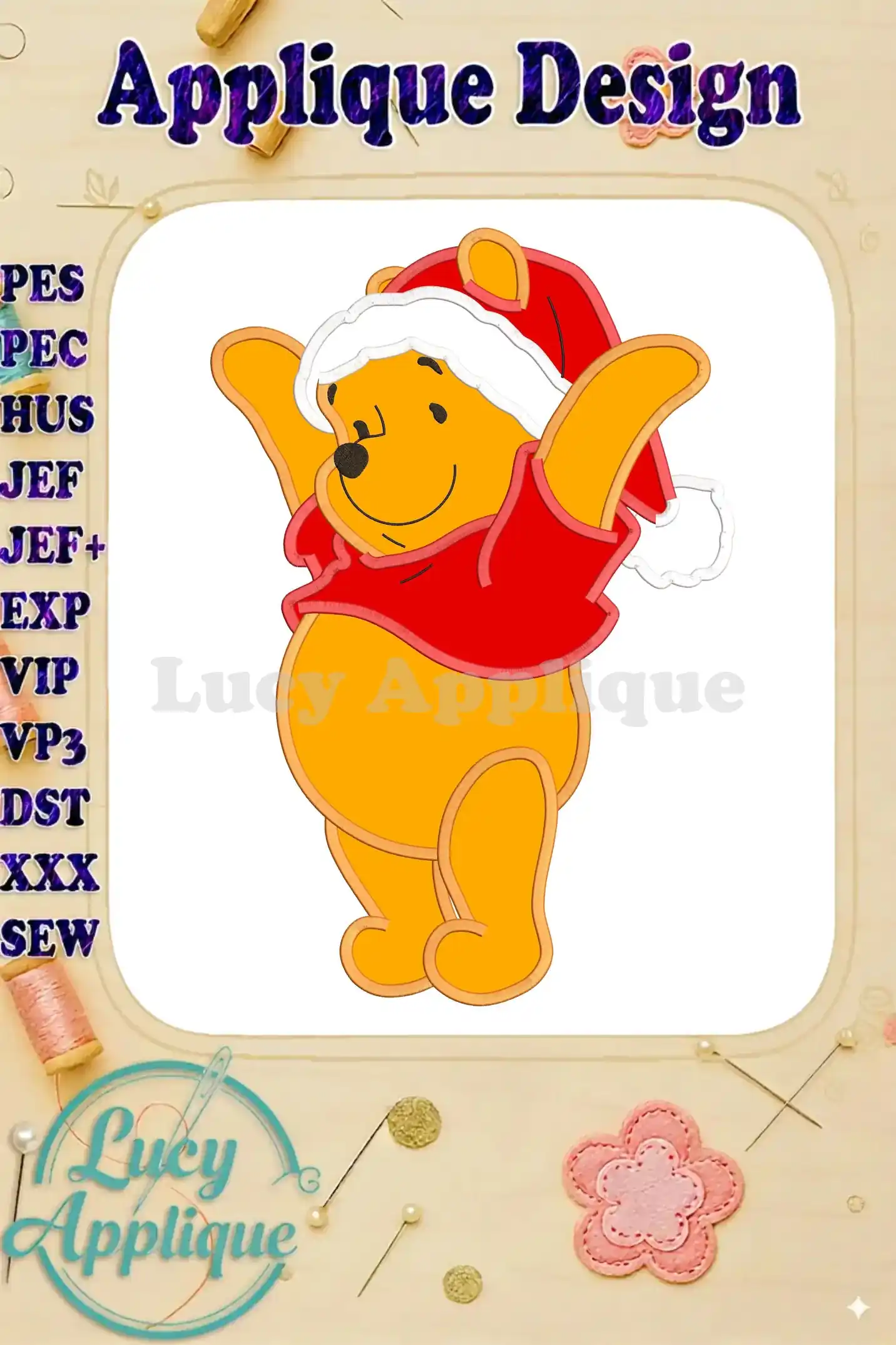 Winnie the Pooh dressed as Santa Claus in an applique design, ready to be stitched. The image shows the design in various machine embroidery formats.