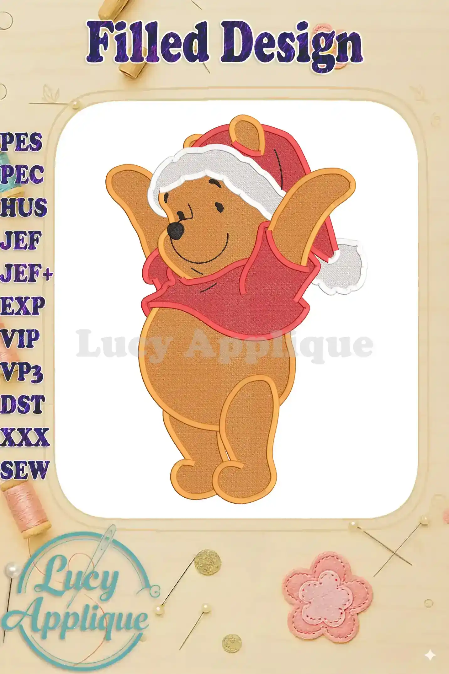 Embroidery design of Winnie-the-Pooh dressed as Santa, cheerful and festive, ready to be stitched. Perfect for Christmas projects.
