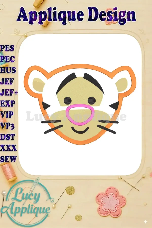 Charming applique design of Tigger from Winnie the Pooh. Features orange and black accents, simple yet expressive features, suitable for various projects.