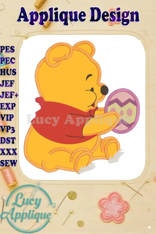 Embroidery design of Winnie the Pooh holding a decorated egg, ready to stitch. The design is presented against a light background with design specs.