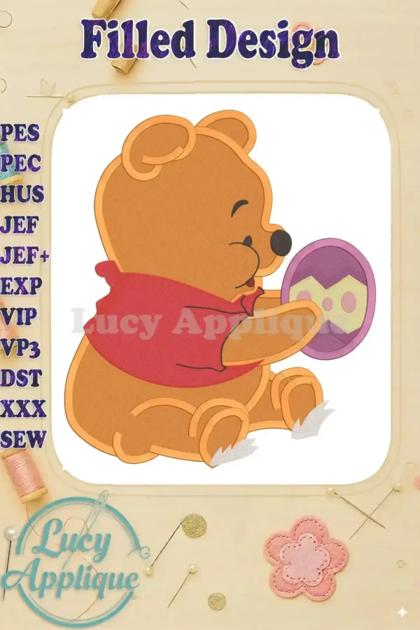 Embroidery design of Winnie the Pooh holding a decorated egg. This filled design is perfect for Easter projects or any time of year.