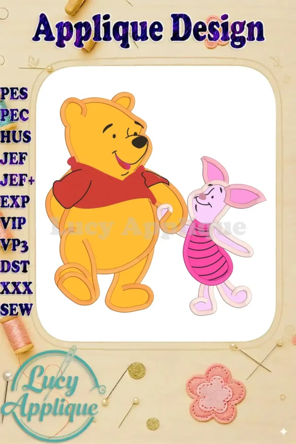 Embroidery design of Winnie the Pooh and Piglet holding hands. Applique style, colorful, and charming. Perfect for children's clothing or home decor.