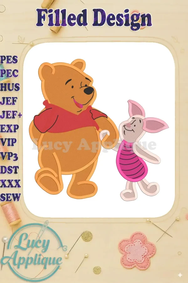 Embroidery design of Winnie the Pooh and Piglet standing together. Filled stitch style, warm color palette, suitable for apparel or home decor.
