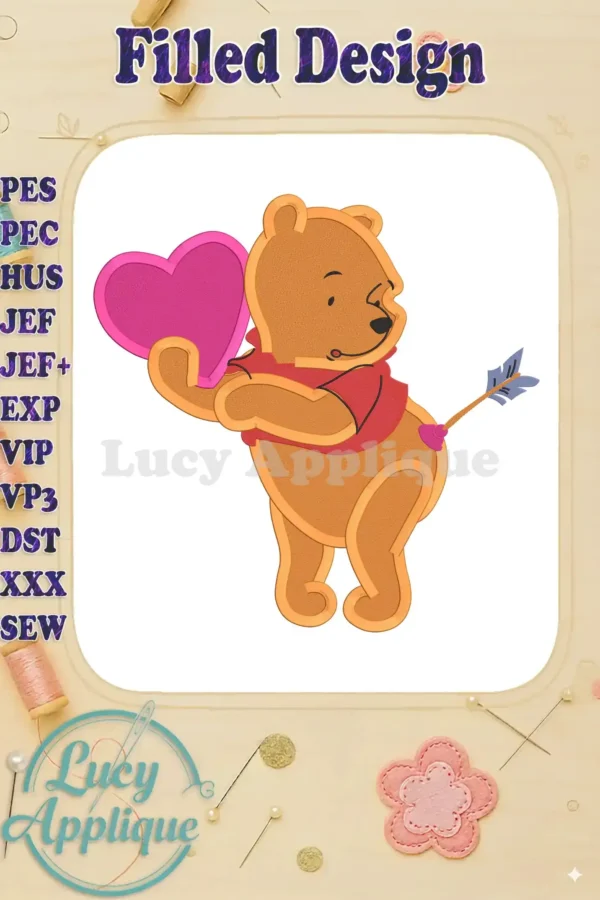 Winnie-the-Pooh holding a pink heart, playfully pierced by an arrow. A charming filled embroidery design, perfect for Valentine's Day projects.